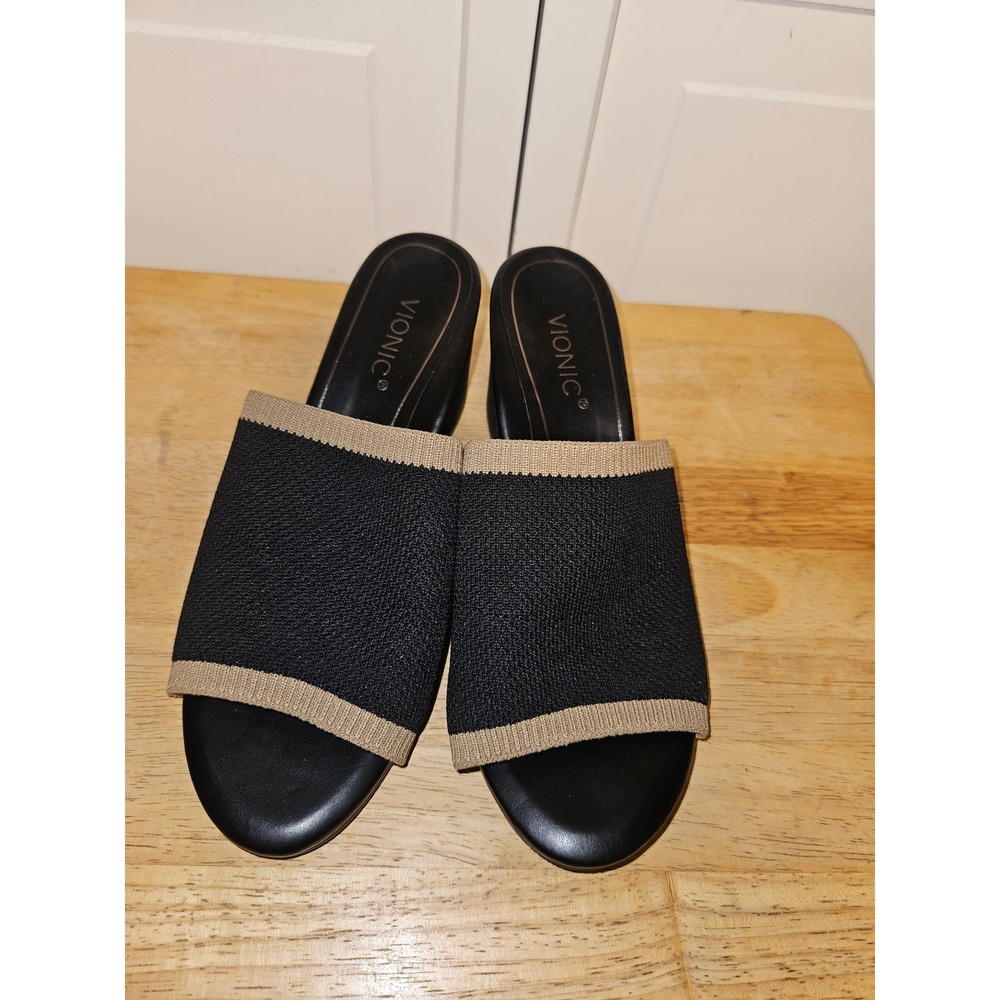 Vionic Fleur Black Knit Tan Trim Block Heel Slide Sandals Womens 7 Open Toe Mule